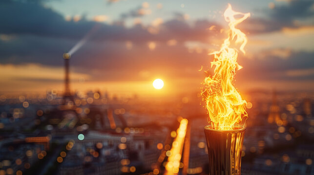 A lit torch with a blazing fire and bright sparks burns against the background of the Eiffel Tower in Paris against the background of a beautiful sunset