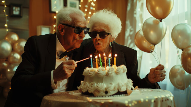 A fashionable elderly couple in love celebrates their wedding anniversary. An old man and a woman in sunglasses blow out candles on a birthday cake. A woman holds a balloon