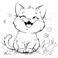 Black and White Cartoon Illustration of Cute Cat Animal