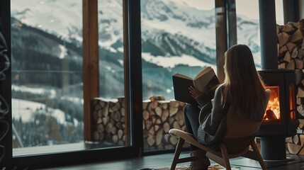 Beautiful stylish woman reading book on chair at fireplace with firewood on background of mountain hills Young female in casual clothes relaxing in modern chalet with amazing view from : Generative AI