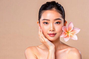 Fototapeta premium Beautiful Young Asian woman with clean fresh skin on solid background, AI Generative