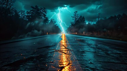 A lightning thunderstorm flash on a road during a storm