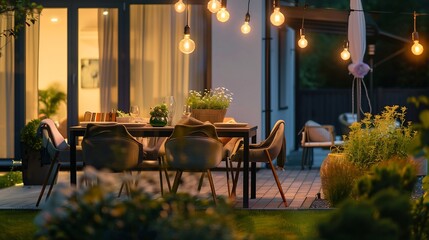 Fototapeta premium Lounge and Dining Area at Modern Residential Backyard Decorated with Outdoor Lights Plants Garden Table and Chairs Cozy Summer Evening : Generative AI