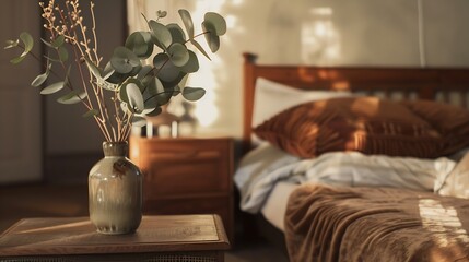 eucalyptus branch in ceramic vase on wooden bedside table near comfort bed with pillows bedclothes and brown velour cover wicker rug on floor in cozy bedroom : Generative AI
