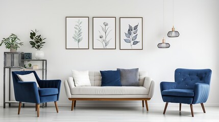 White sofa and blue armchair in living room with posters on the wall : Generative AI