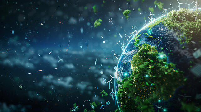 A digital rendering of Earth with green energy symbols like wind turbines and solar panels, green Planet, dynamic and dramatic compositions, with copy space