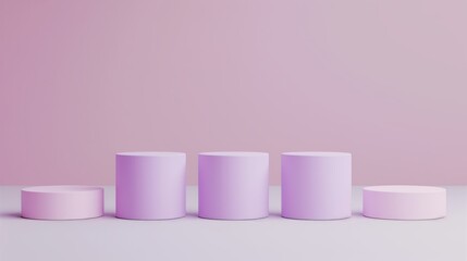Five Minimalist Purple Toned Round Podiums for Product Presentation on Empty Background. Ideal for E-commerce and Advertising Displays, Showcasing Minimalist Style and Elegance