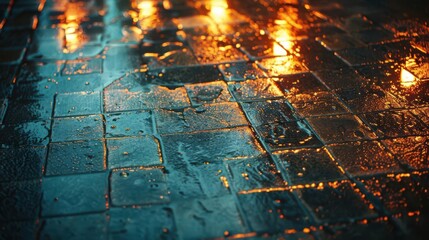 Streetlights illuminating wet pavement, moody background