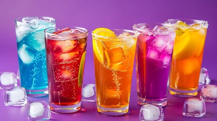 A lot of soft drinks in colorful and flavorful glasses on the table glasses with sweet drinks with ice cubesv purple background