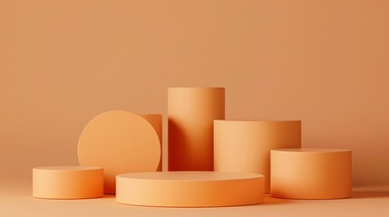 Five Minimalist Light Orange Toned Round Podiums for Product Presentation on Empty Background. Ideal for E-commerce and Advertising Displays, Showcasing Minimalist Style and Elegance