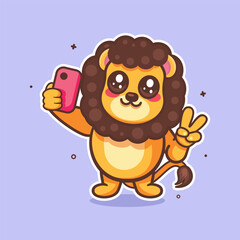 cute lion animal character mascot taking a selfie with a smartphone isolated cartoon