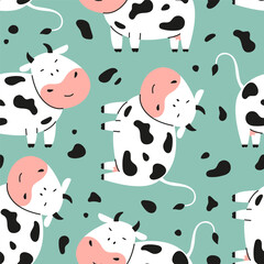 Obraz premium Seamless childish pattern with cute cow and spots