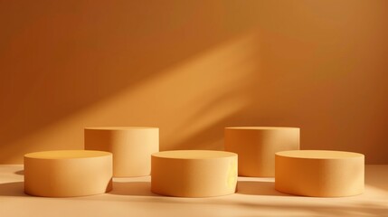 Five Minimalist Light Orange Toned Round Podiums for Product Presentation on Empty Background. Ideal for E-commerce and Advertising Displays, Showcasing Minimalist Style and Elegance