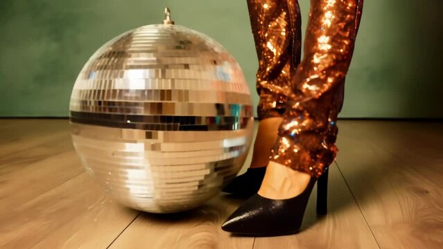 Close-up of a glamorous disco ball next to a woman's legs wearing shiny sequined pants and black high heels. The scene evokes the glitzy and vibrant atmosphere of the disco era. 