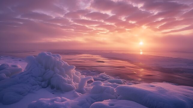 Beautiful landscape of uzury bay with ice hummock rising above the frozen lake of sunrise