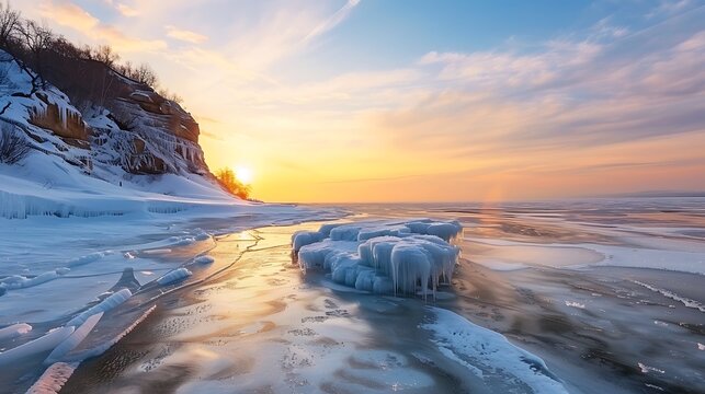 Beautiful landscape of uzury bay with ice hummock rising above the frozen lake of sunrise
