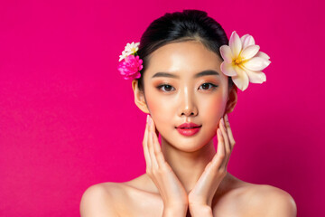 Fototapeta premium Beautiful Young Asian woman with clean fresh skin on solid background, AI Generative