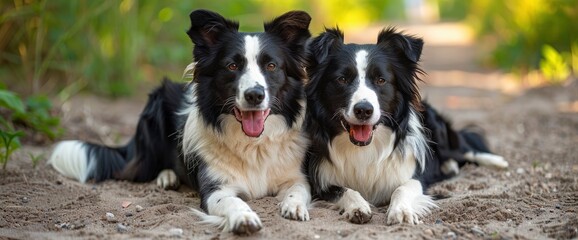 Obraz premium Black And White Border Collies Sitting And Lying Together On A Sandy Path In Green Nature, Harmonious And Beautiful, HD