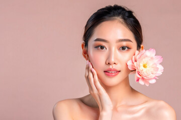 Naklejka premium Beautiful Young Asian woman with clean fresh skin on solid background, AI Generative