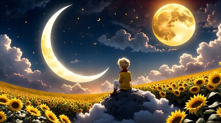 Little Prince in Sunflower Field with Moon.