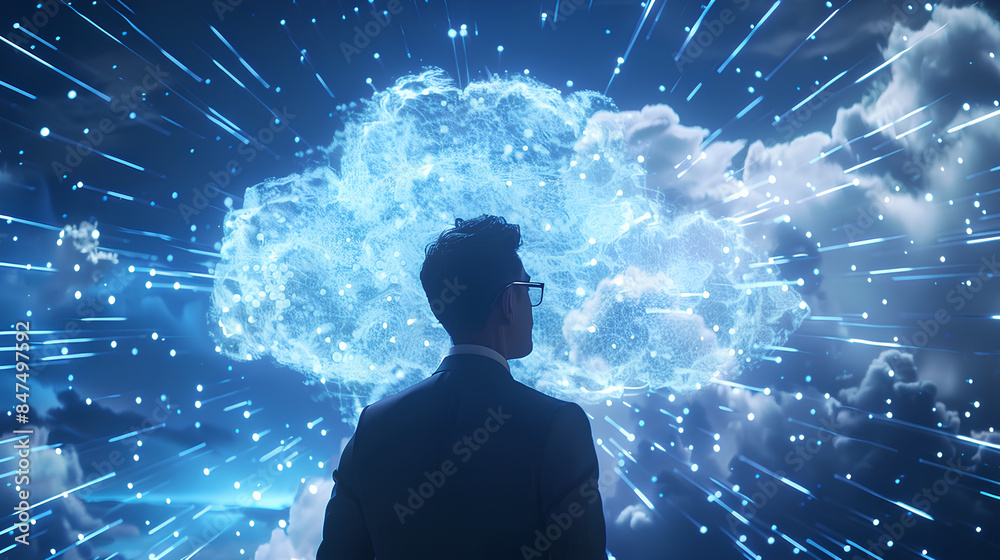 Wall mural cloud erp, enterprise resource planning concept. businessman connecting data with cloud computing to