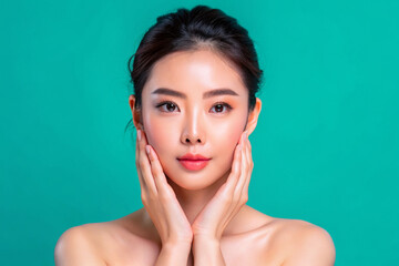 Beautiful Young Asian woman with clean fresh skin on solid background, AI Generative