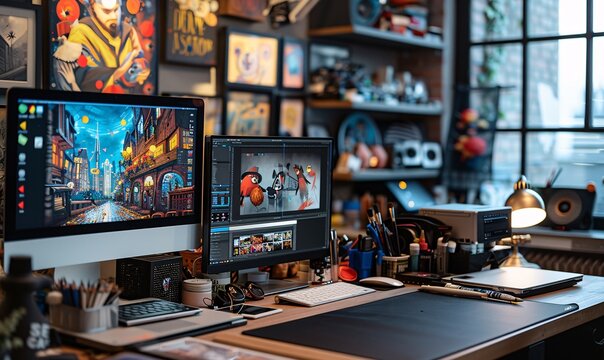Dynamic digital art studio setup, featuring computers, tablets, and assorted art supplies.