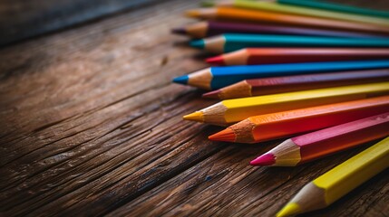 Obraz premium Bright colored pencils laid out on the table ready for operation can be used as a background