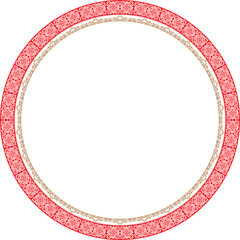 Round red and gold Frame, workpiece for your design. Ornamental elements and motifs of Kazakh, Kyrgyz, Uzbek. Decoration of nomadic homes, textiles, plate, ceramics, print design. Circle frame. Vector