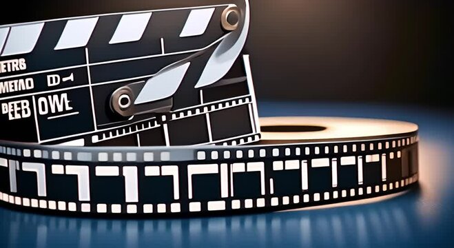 Cinema film strips and reels with clapper board