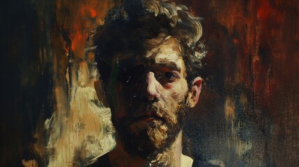 Moody portrait of a bearded man with dramatic lighting, illustrating depth and emotion on a dark, textured background.