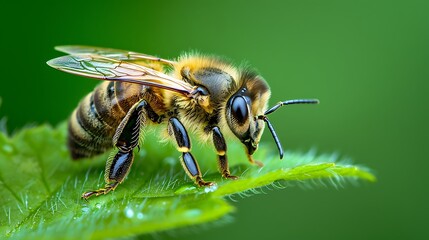Fuzzy little honey bee hanging out on a leaf against a bright green background