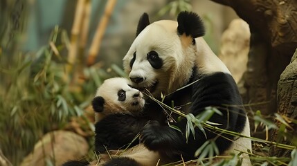 Obraz premium Giant pandas bear pandas baby panda and his mother eating bamboo