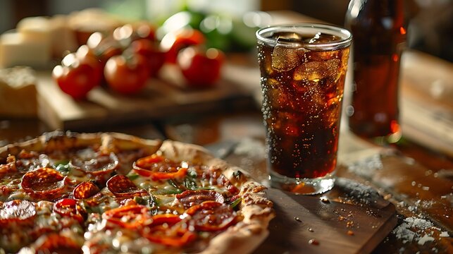 Glass of coke and pizza on the table