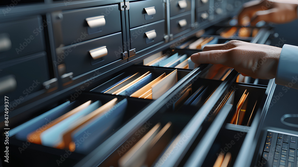Poster document management system (dms) technology, businessman use laptop with database folder online to s