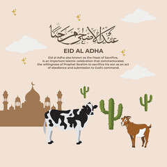 Eid Al Adha Banner Design Vector Illustration. Islamic and Arabic Background for Muslim Community Festival. Moslem Holiday. 3D Modern Islamic suitable for Ramadan, Raya Hari, Eid al Adha and Mawlid.