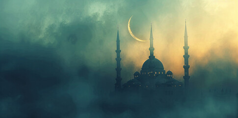Elegant Islamic background featuring a misty silhouette of a mosque with a crescent moon, perfect for Ramadan, Eid Mubarak, and Eid al-Adha observances, symbolizing the feast of sacrifice.