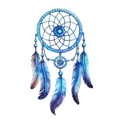 Watercolor dreamcatcher with feathers. Native American culture and spirituality concept. The dream catcher with pastel watercolor decorated was hung decorated with colorful bead and feather. AIG35.