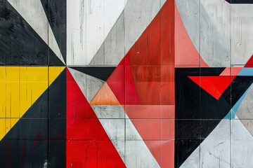 Naklejka premium A colorful wall with black, white, and red triangles. The wall is covered in graffiti and has a very artistic and creative vibe