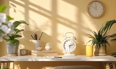 Homely beige and white desk scene featuring a quaint electronic alarm clock, inviting ambiance