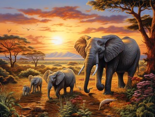 Wildlife scene with elephants in a savanna