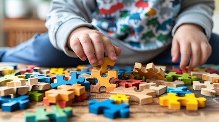 Child Sitting at Table Sorting Through Various Wooden Puzzle Pieces of Different Shapes and Colors