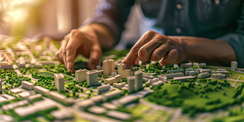 An urban planner interacts with a detailed city model, focusing on sustainable development and green spaces