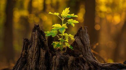 Obraz premium A small green plant is growing out of a tree stump