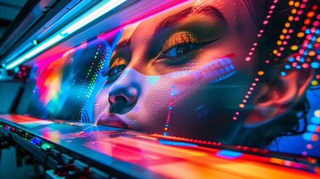 Vibrant commercial poster photo that features sleek, art UV printer in the process of printing vivid, colorful photo of art woman portrait