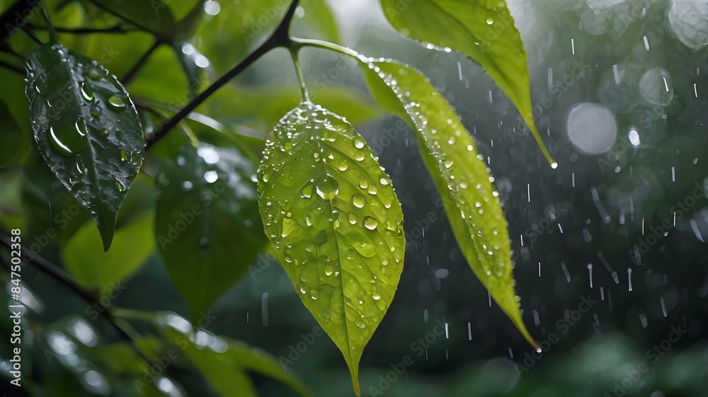 Wall mural A close-up of raindrops glistening on a fresh green leaf