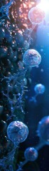 Close-up image of abstract microscopic cells in a blue underwater environment with light rays illuminating the scene.