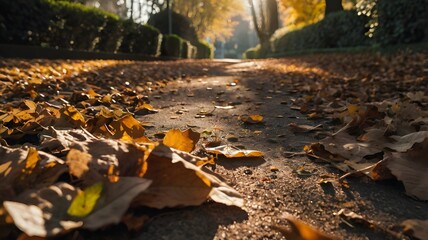 Obraz premium The autumn leaf-covered trails are beautiful on a sunny day.