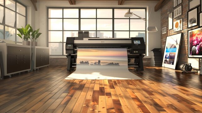 large format inkjet printer in printshop interior on wood floor, printing artwork
