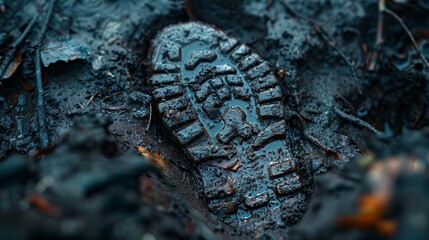 Muddy boot print on wet ground military footprint symbolic of soldier's journey